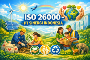 Thumbnail ISO 26000 – PT Sinergi Indonesia dengan ilustrasi kegiatan CSR, warna biru, kuning, dan hijau